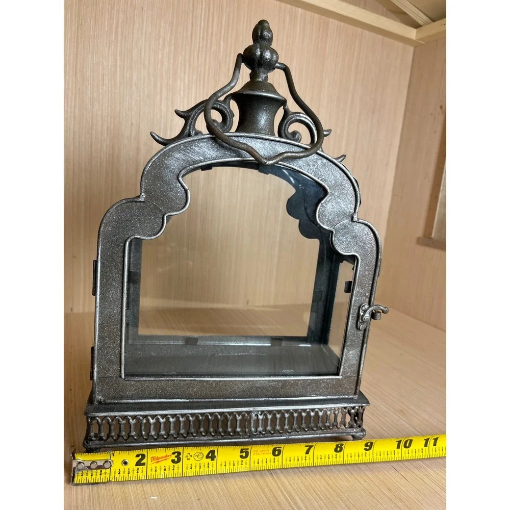 Vintage Moroccan Style Ornate Silver Metal Glass Filigree Candle Lantern Holder